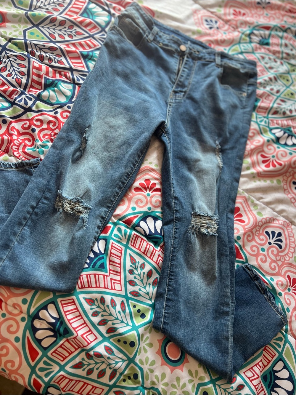 Blue Distressed Women's Jeans - Classic Mid Wash